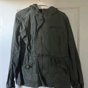 Olive Green Hooded Utility Jacket with Drawstring Waist